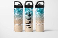 Personalized Beach Water Bottle 20oz, Custom Name Leakproof 20 Ounces, Blue