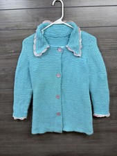 Handmade Turquoise Knit Cardigan Sweater w/ P...