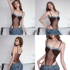 Womens Sleeveless Mesh Bodysuit Lace Trim Backless Strappy Camisole Jumpsuit Top