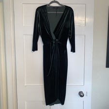 Zara Green Velvet Low V Neck Midi Knot Front Pencil Dress Size S