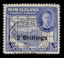 SOMALILAND GVI SG134, 2s on 3r bright blue, VERY FINE USED. Cat £18. CDS