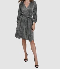 Halston Women Silver Metallic-Stripe Fit & Flare Tie-Waist V-Neck Dress Size 14