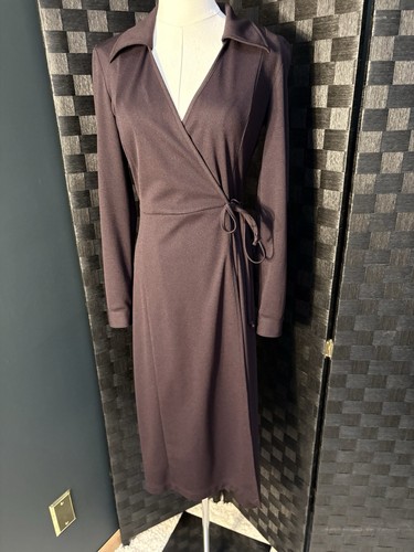 Anna Sui, VTG 90s Anna Sui Chocolate Brown Collared Long Sleeve Knit Wrap Dress Gilmar SM