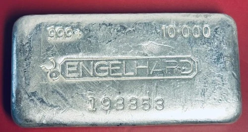 1970s Canadian Bull Engelhard 10 T Oz 999+ Silver Bar 193353 Machined 2,000