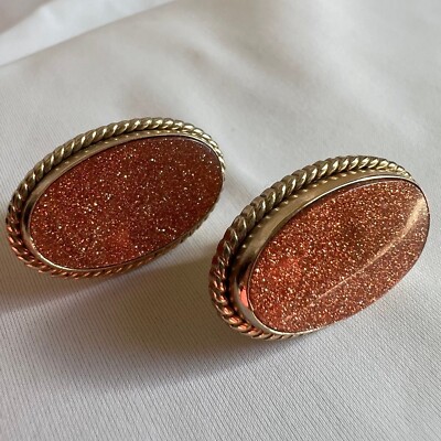 Goldstone Crystal Stone Glittery Oval Gold Tone Costume Estate Stud Earrings