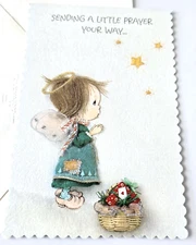 Vintage Christmas Card Betsey Clark Angel Praying by Stars and Gift Basket