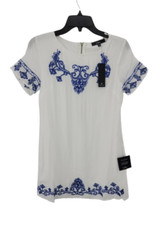 Lulus Dress Womens XS White Blue Embroidered Short Sleeve Boho Beachy Sheath