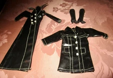 2 VTG BARBIE DOLL CLONE  Maddie Mod BLACK VINYL MAXI & SHORT COAT & BOOTS 1960's