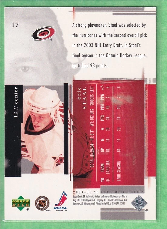 2004-05 SP Authentic #17 Eric Staal Carolina Hurricanes - Image 2 of 2