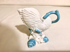 Antique Vintage White Glazed Nautilus Shell Vase With Turquoise Handle A/F