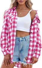 Womens Flannel Shirts Long/Roll Up Sleeve Collared Button Down Plaid Casual Tops