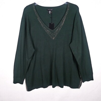 NEW Adrienne Vittadini Sweater Size 3X Green V-Neck Long Sleeves Silver Accents