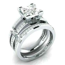 3.Ct Princess Cut Moissanite Engagement Bridal Ring Set 14k White Gold