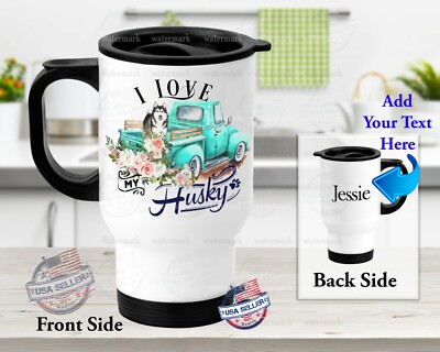 #ad Personalized Stainless Steel Tumbler 14oz Travel Mug Husky Dog Vintage Truck $51.99