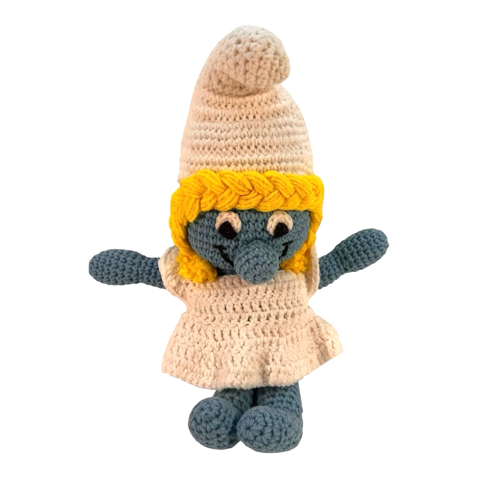 Handcrafted Smurfette Crochet Doll Yellow Braided Hair White Dress Blue Body 17" - Image 2 of 4