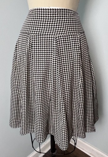 Ralph Lauren gonna plissettata foderata 100% seta pied de poule nero avorio preppy taglia 10