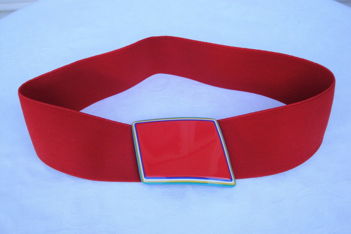 Red Stretch Belt with Rectangular Buckle 2” Wide, 22 1/2” to 