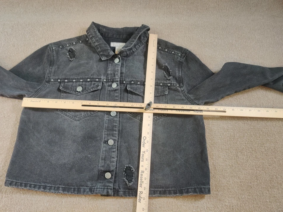 Crave Fame Almost Famous Denim Jean Jacket L Black Studs Distressed Grunge Skate - Image 2 of 4