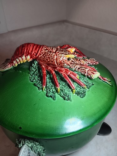 Vtg Majolica Lobster Clam Pot Tureen #1397 Portugal Pottery 3D Rare w Lid CHIP - Picture 4 of 24