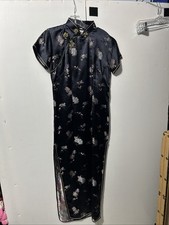 Vtg Black Embroidery Chinese Mandarin Cheongsam Qipao Dress Sz L