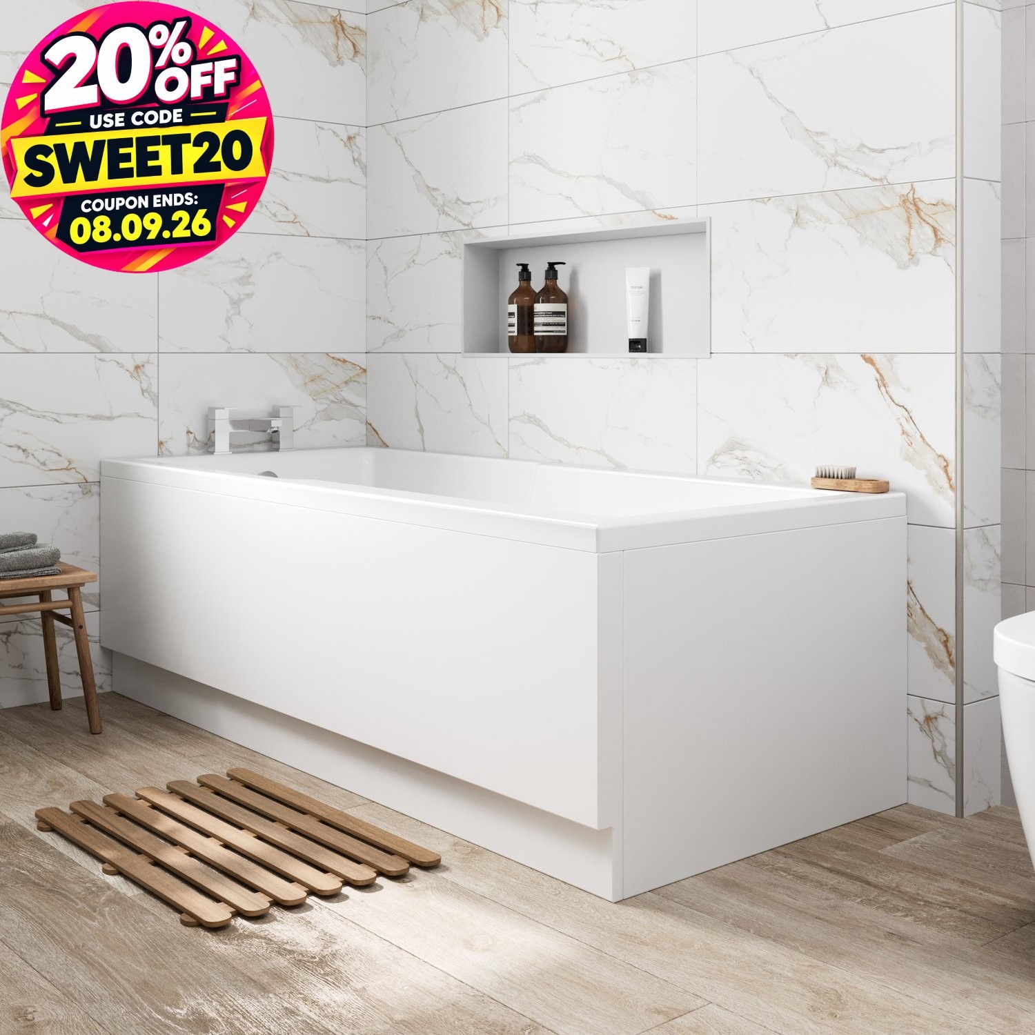 Bathroom Single Ended 1700x750mm Straight Bath Side End Panel Tub Acrylic White