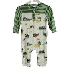 Angel Dear One Piece Henley Romper Green 3-6M Long Sleeves Snaps Farm Tractors