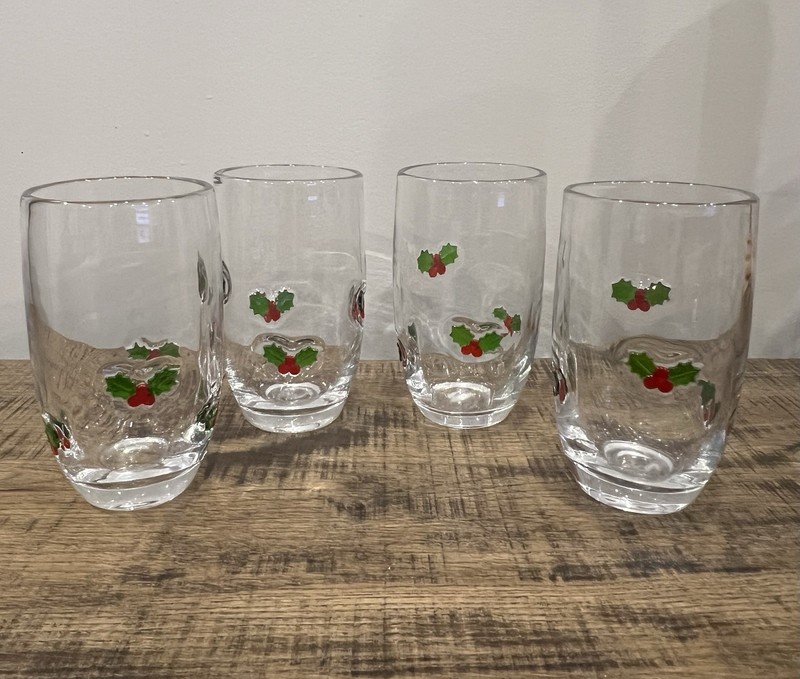 Set Of 4 Williamsburg Holly Days Highball Hand Blown Clear Glasses 16 oz 