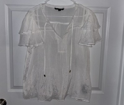 Zac & Rachel White Flutter Sleeves Top Women s L Semi-sheer Shimmer Romantic NWT