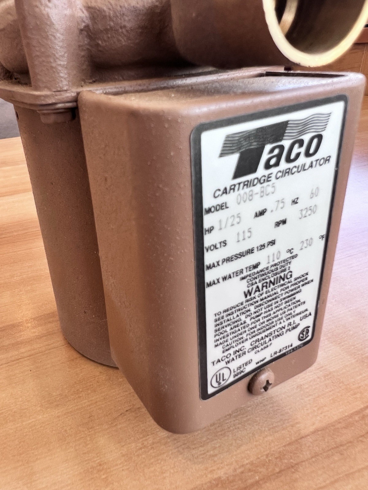 Taco 008-BC5 Bronze Cartridge Circulator Pump 1/25 HP 115V Hydronic Heating NOS
