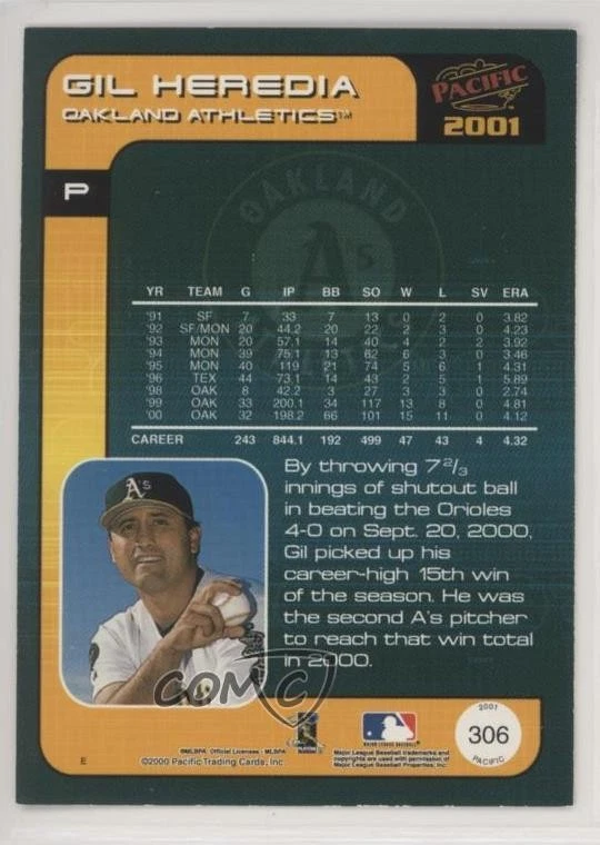 2001 Pacific Premiere Date /36 Gil Heredia #306 - Image 2 of 2