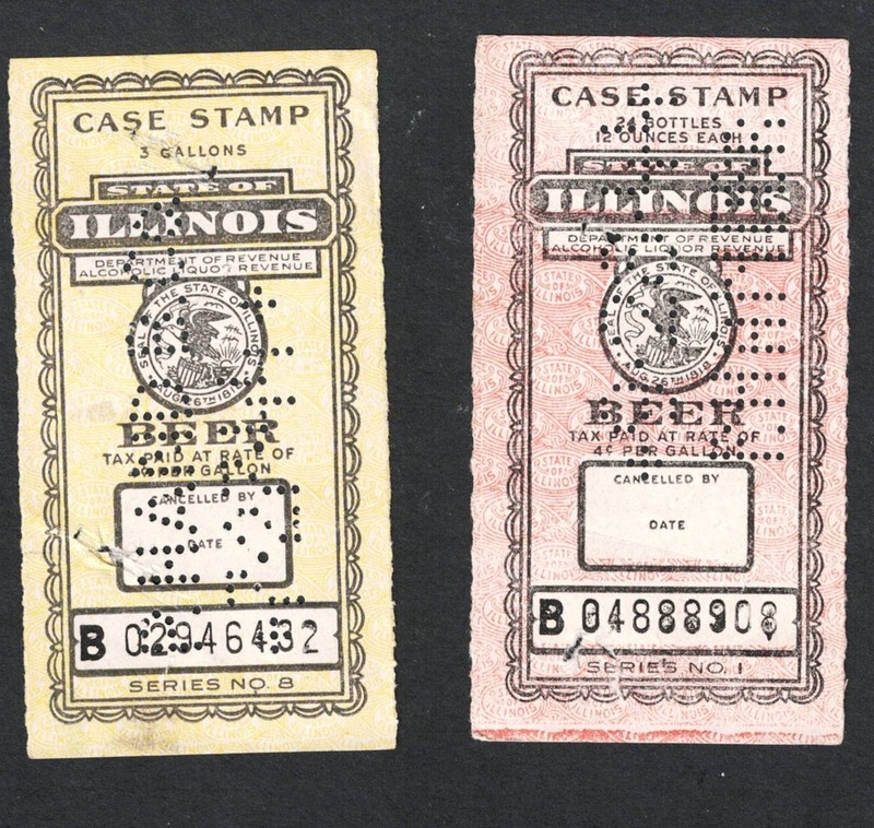 Illinois 2 beer stamps, 1943, State Revenue catalog #s B73 & 74