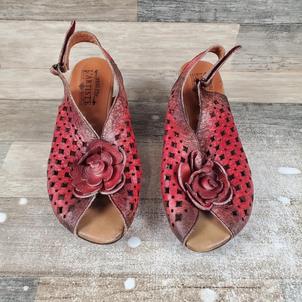 Spring Step L'Artiste Lovella Women Sandal Sz 9.5 Red Slingback Slip On Open Toe - Image 2 of 4
