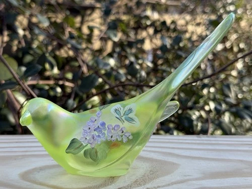 Fenton Bird of Happiness Topaz Opalescent iridescent glass Hand Pained Signed