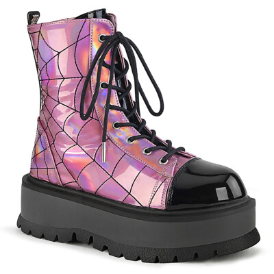 DEMONIA SLACKER-88 Punk Goth Punk Pink Holo Lace Up Platform Women's Ankle  Boots