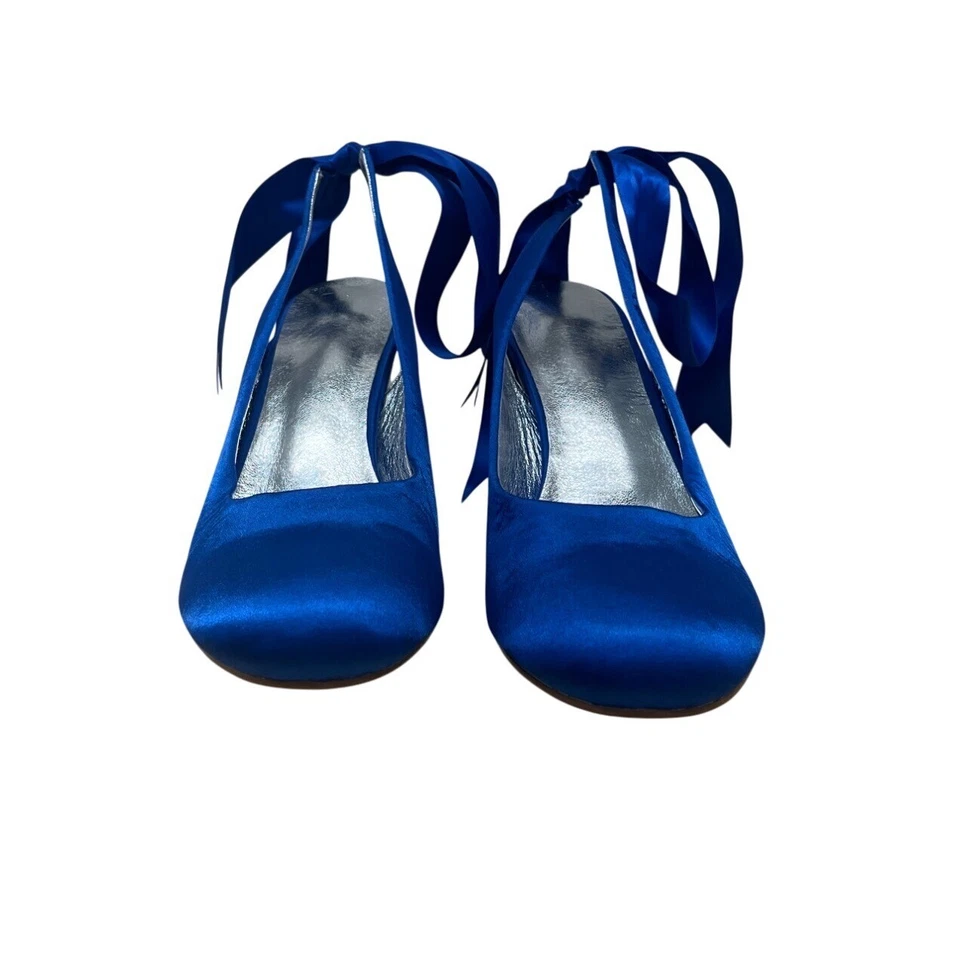 Women’s Blue Satin Ribbon-Tie Ballerina Heels With Silver Insole Heel Sz 9.5 - Image 2 of 4