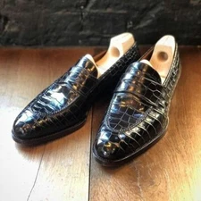 Handmade men black  crocodile moccasin shoes, formal men dress slip on shoes