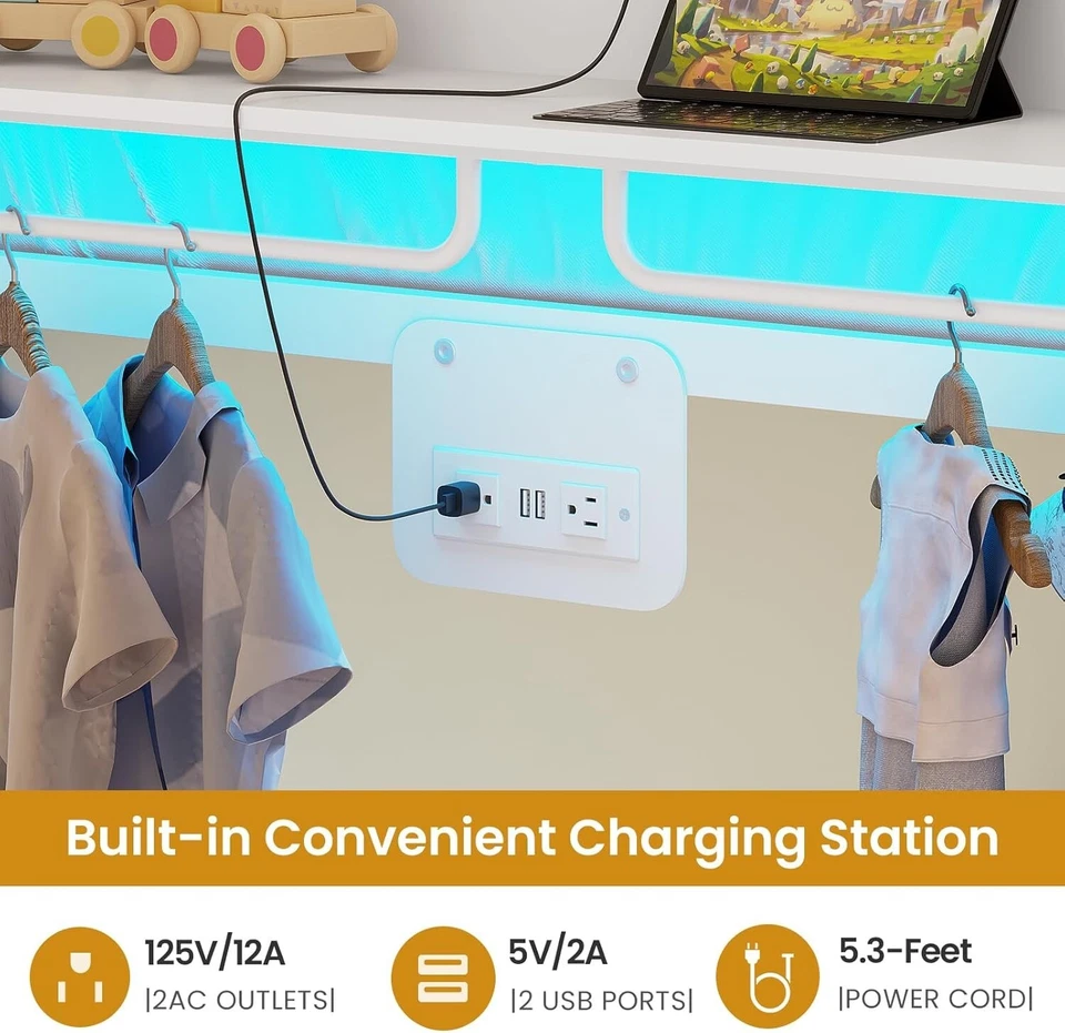 Metal Bunk Bed Twin Over Twin with Hall Tree, 4 Storage Drawers and LED Lights - Image 4 of 4