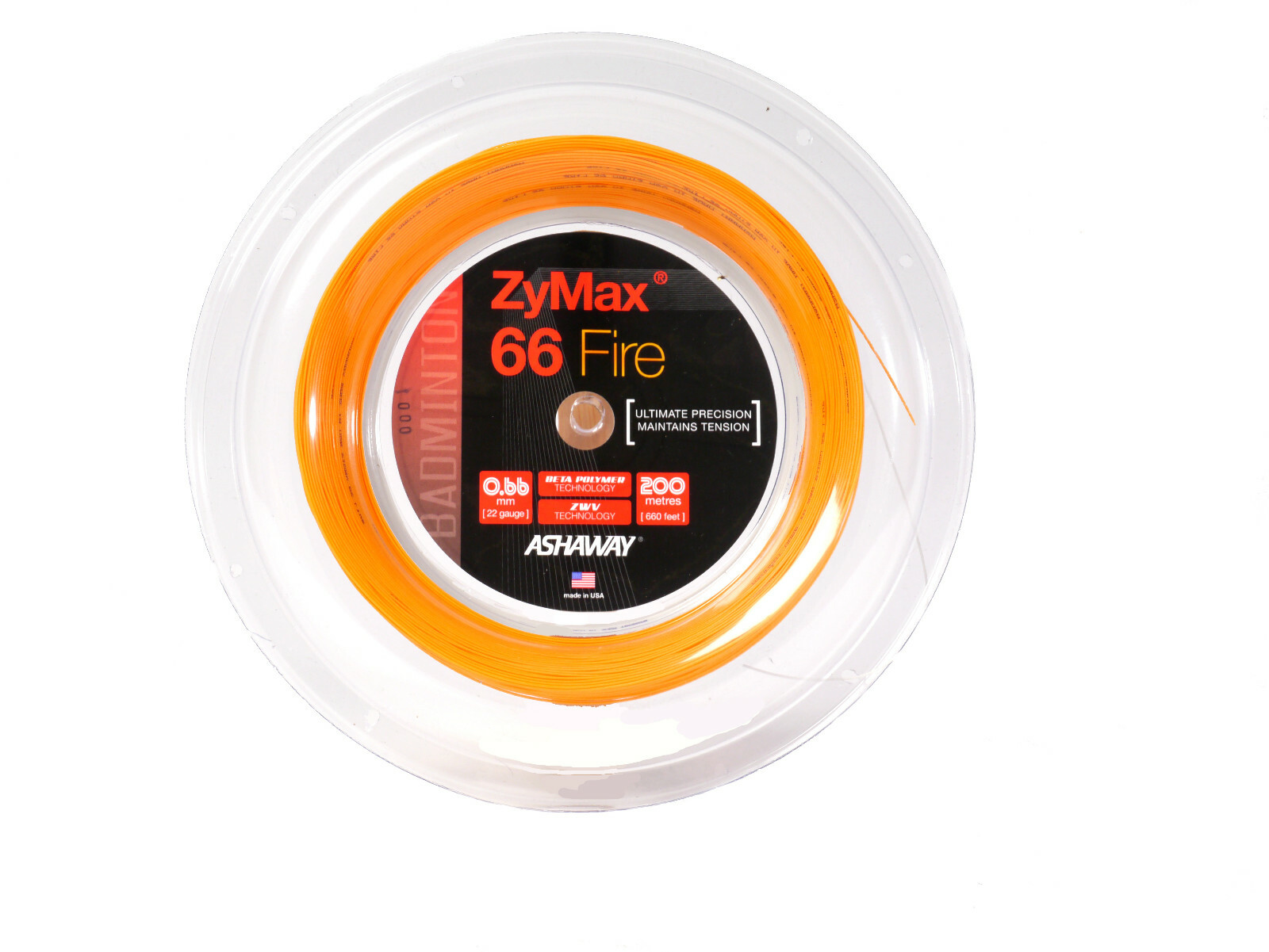 Катушка для бадминтона Ashaway Zymax 66 Fire длиной 200 м (660 футов) оранжевого цвета