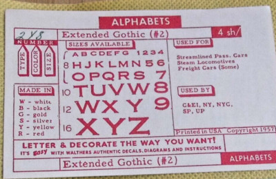 Walthers Decals #2Y8 U Extended Gothic Alphabet, Y set less 1 letter -See Below