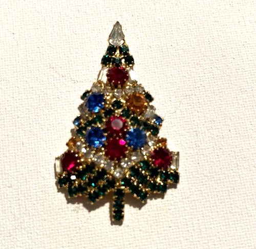 Eisenberg Ice Multi Color Rhinestone GoldTone Christmas Tree Pin Brooch Vintage