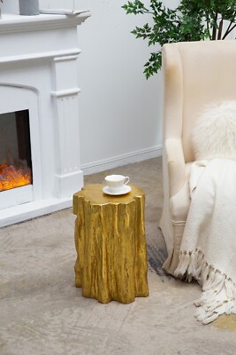 Unique Golden Tree Trunk Stool with Antique Gold Distressed Accent, 13.5x13x20''