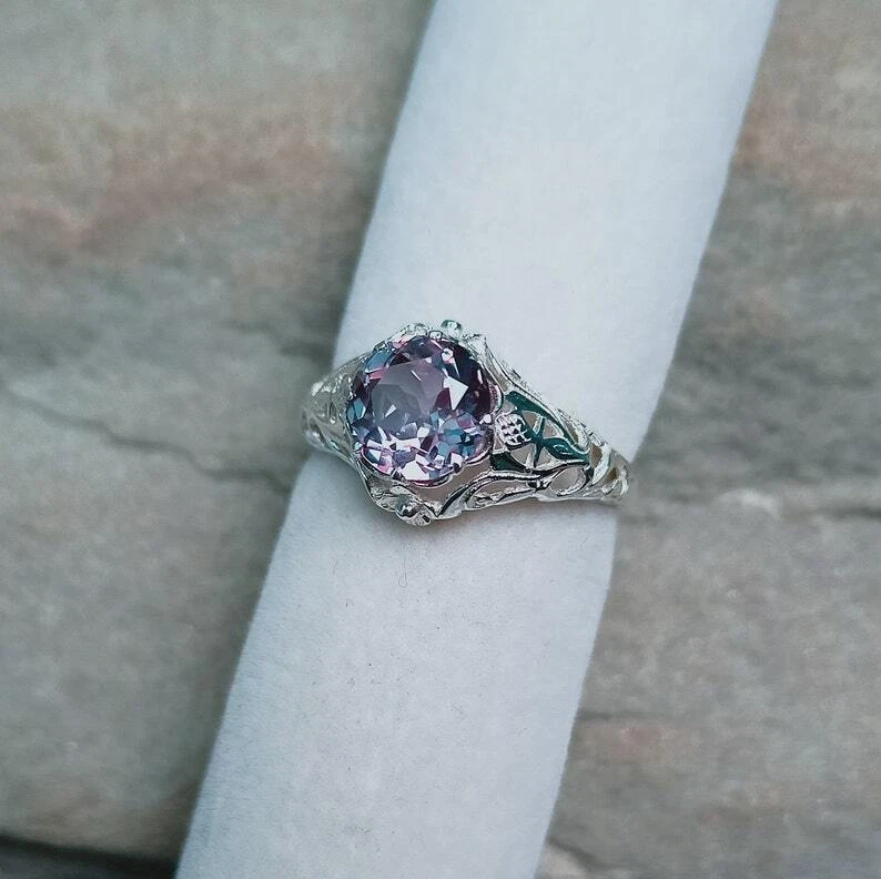 Alexandrite Ring, 925 Sterling Silver Ring, Lab Created  Round Alexandrite Ring - Image 4 of 4