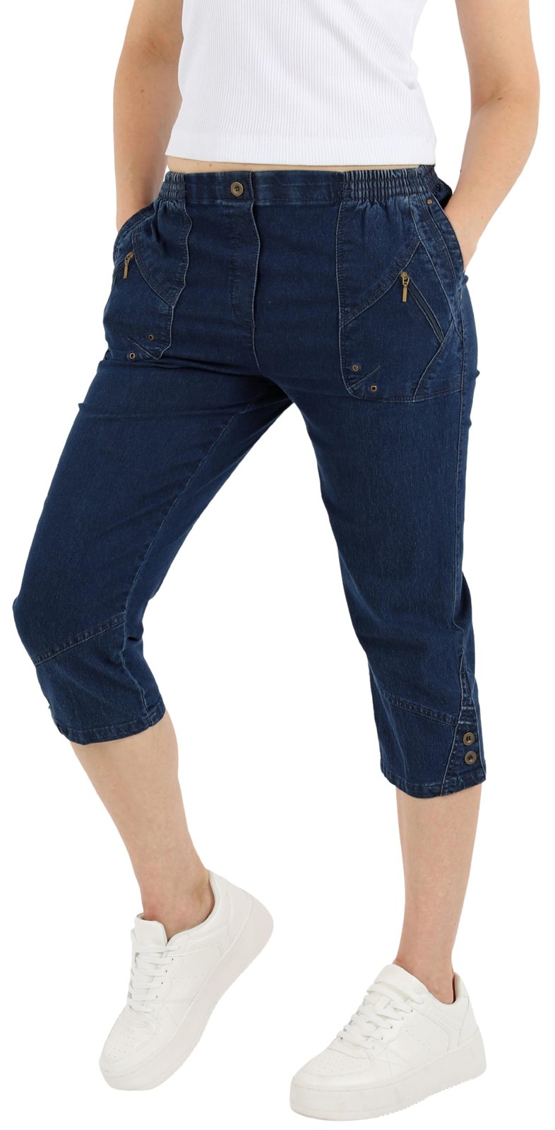 Jean cargo femme short court 3/4 en denim bleu foncé 54