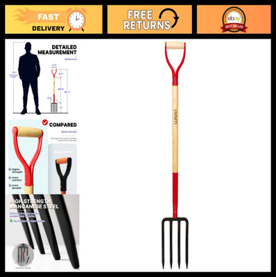 4-Tine Garden Fork, Steel Digging & Compost Fork, 45'' Y-Grip Wooden Handle