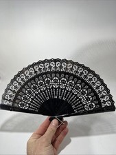 Vtg Celluloid Pierced Ladies Hand Fan Dragon Black Ribbon Pink Made In Hong Kong