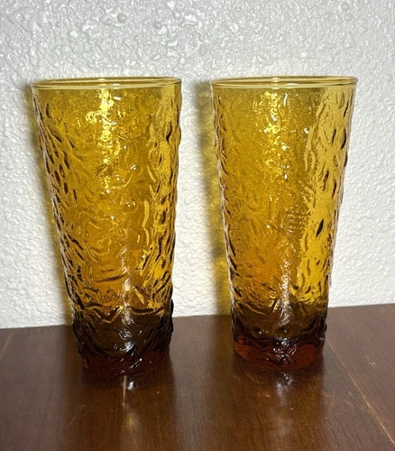 Vtg Anchor Hocking Lido Milano Honey Gold Amber Glass Tumblers Drinking Glasses