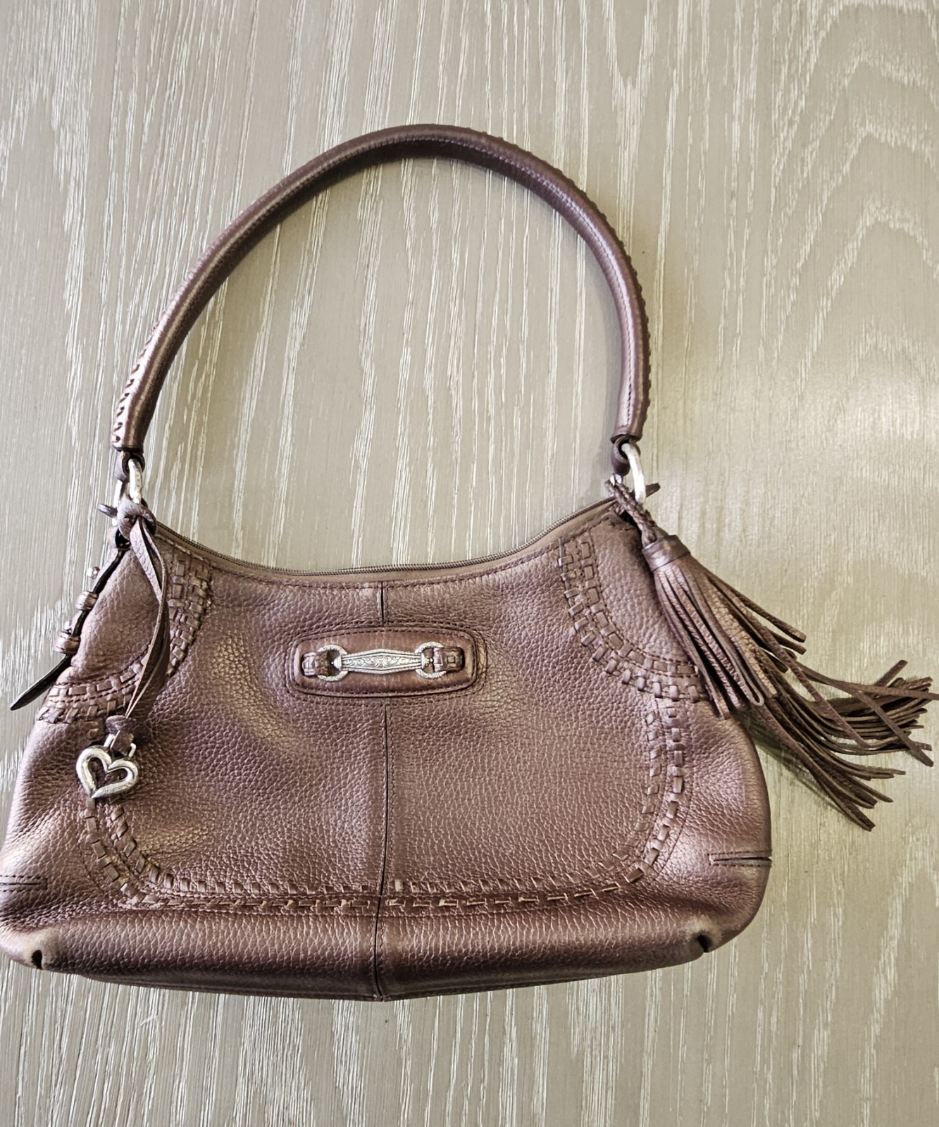 Brighton Bronze Pebbled Leather Tassel Braided Shoulder Bag Hobo Purse Handbag
