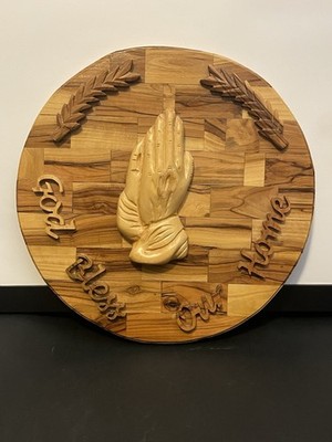 Round Handcrafted Olive Wood GOD BLESS OUR HOME Wall Plaque Religious 10.5 Dia