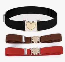 Girls Elastic Belts Lot 3 Adjustable Heart Buckle Red Brown Black 17-32"