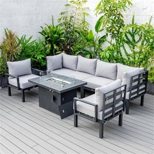 LeisureMod Chelsea 7-Piece Sectional And Fire Pit Table With Cushions in Gray
